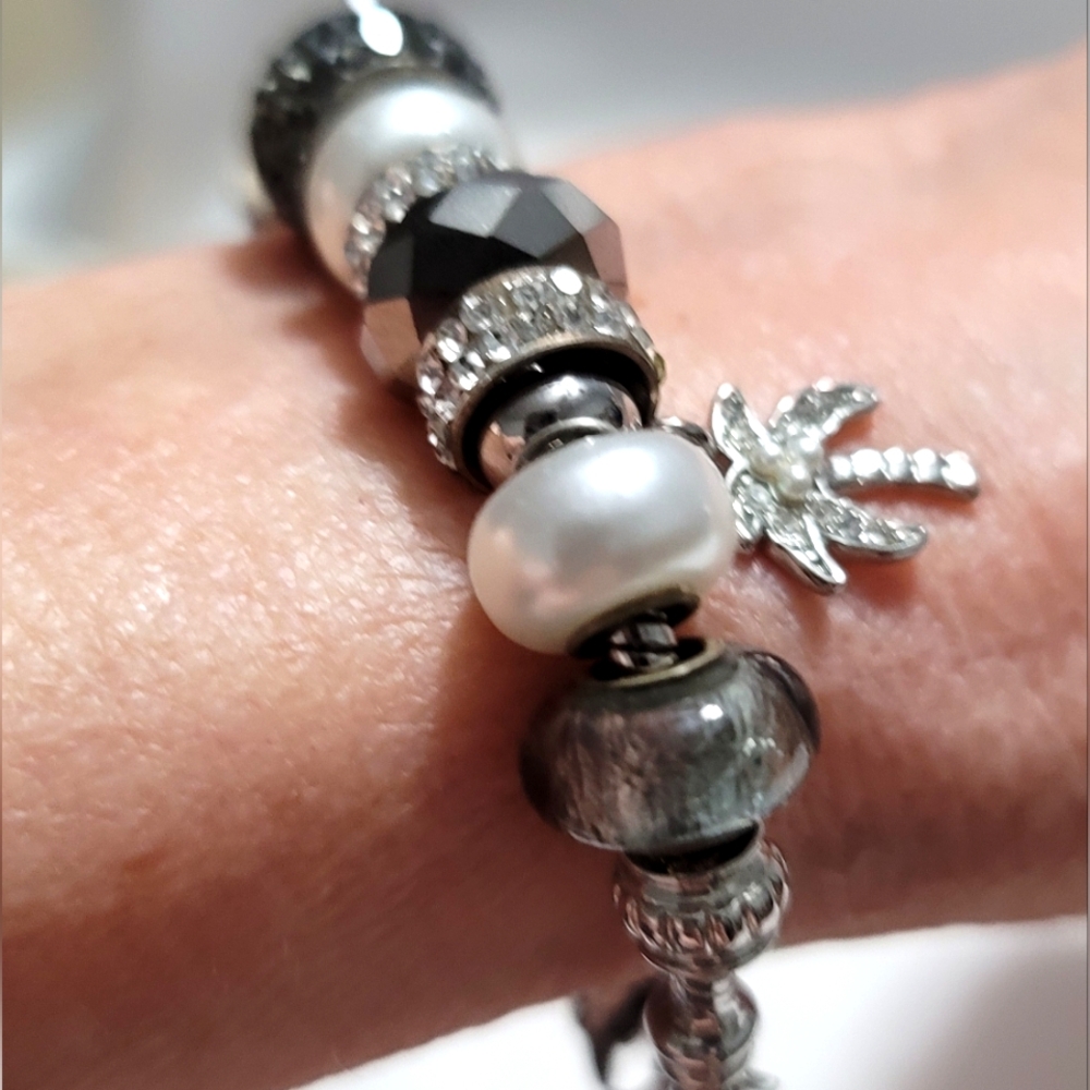 Elegant Silver, Black and Pearl Charms Bracelet